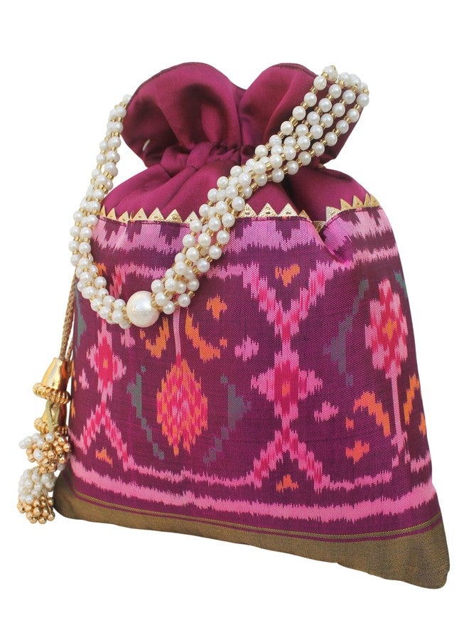 MILAN'S CREATION Pure Patola Silk Potli Single Ikkat/Rajkoti Bag Purse Beautiful Pearl Handle Tassels Women’s Handbag Royal Wedding Festival (Pink) - Image 3
